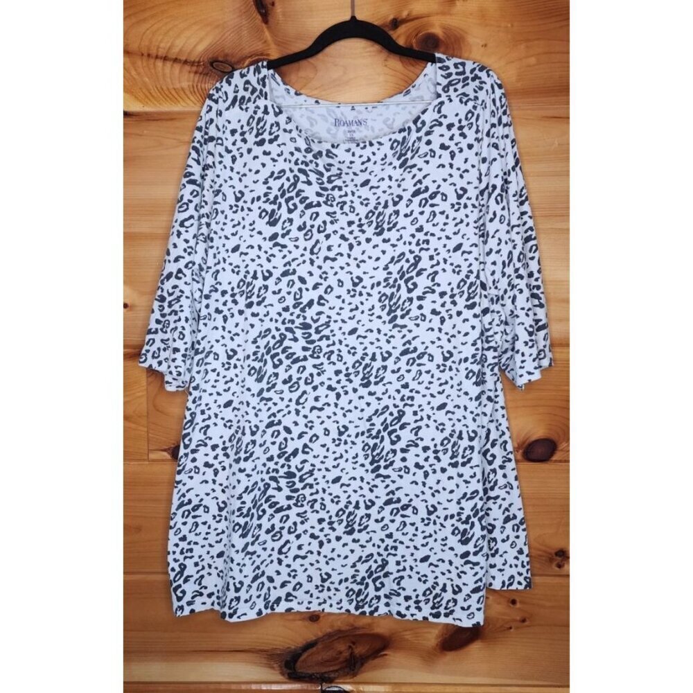 Roaman's Leopard Print Knit Plus Size 2X 26/28 Top 3/4 Sleeve White Black